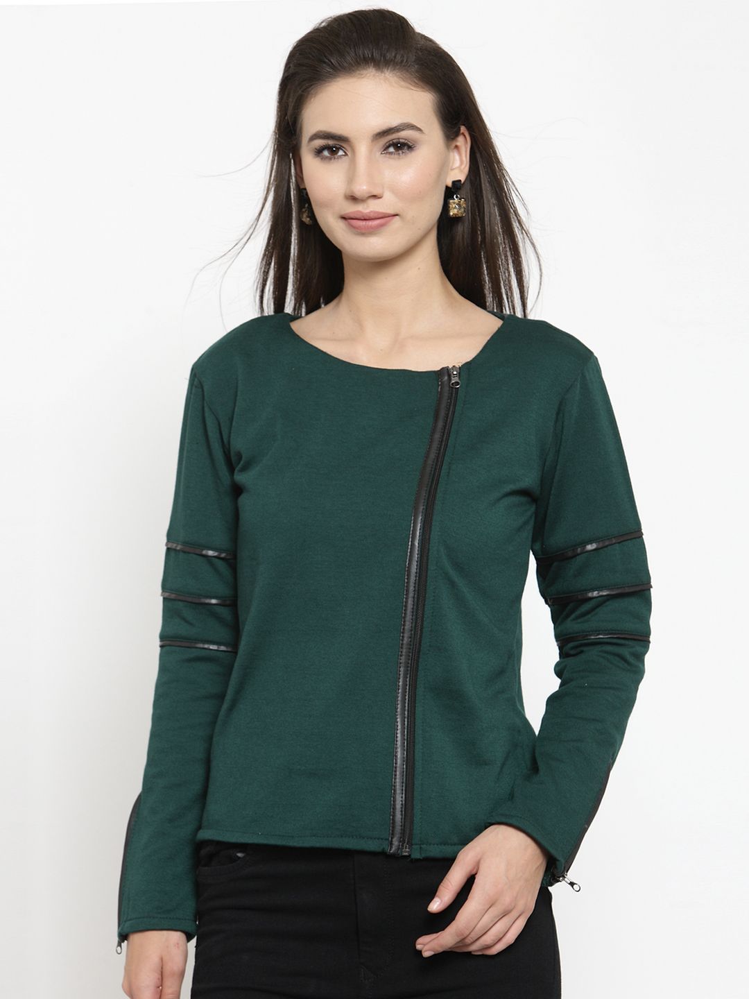 Belle Fille Women Green Solid Asymmetric Closure Tailored Jacket Price in India