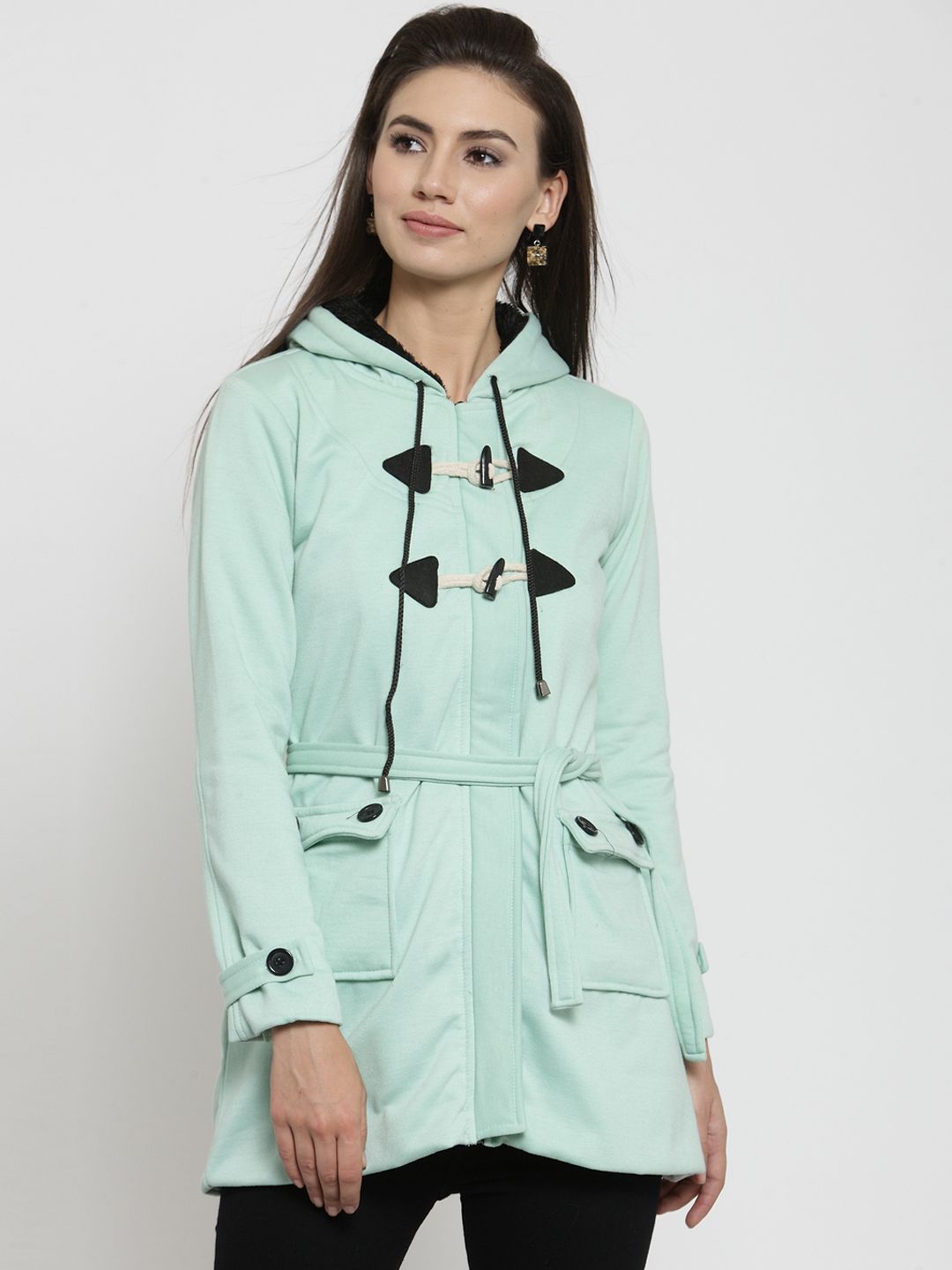 Belle Fille Women Sea Green Solid Duster Jacket Price in India