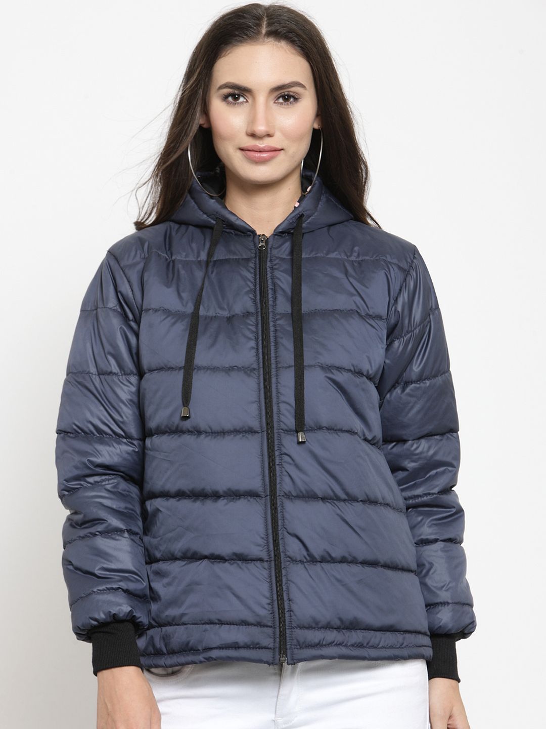 Belle Fille Women Navy Blue Solid Padded Jacket Price in India
