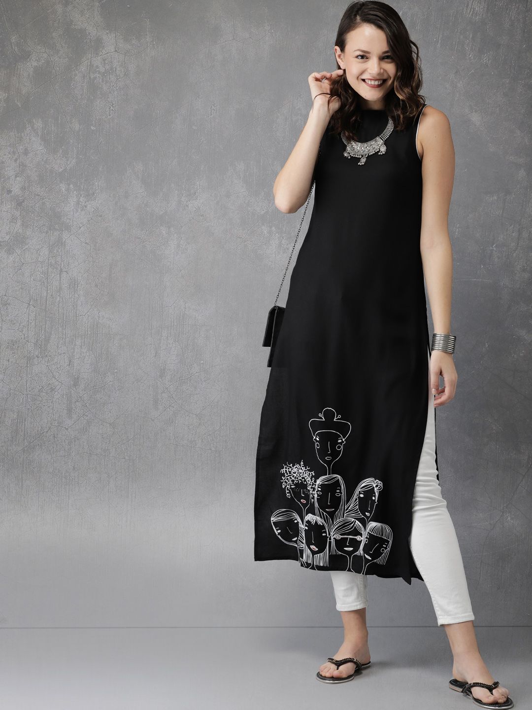 Anouk Women Black & White Printed Straight Kurta Price in India