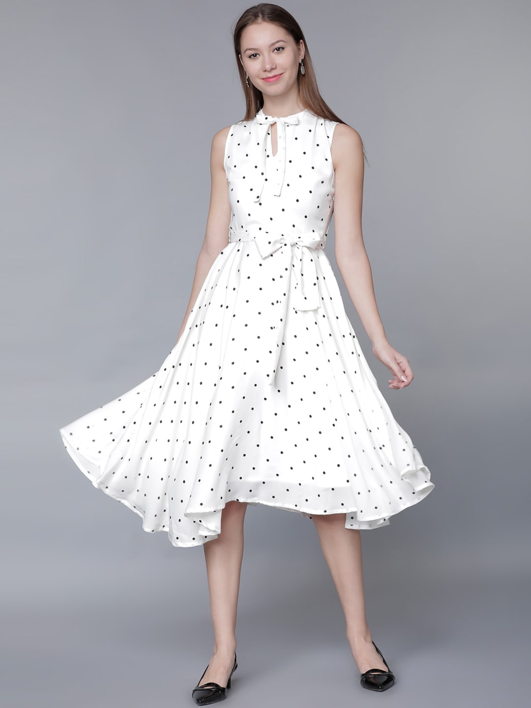 Tokyo Talkies White Polka Dot Print Fit and Flare Dress Price in India