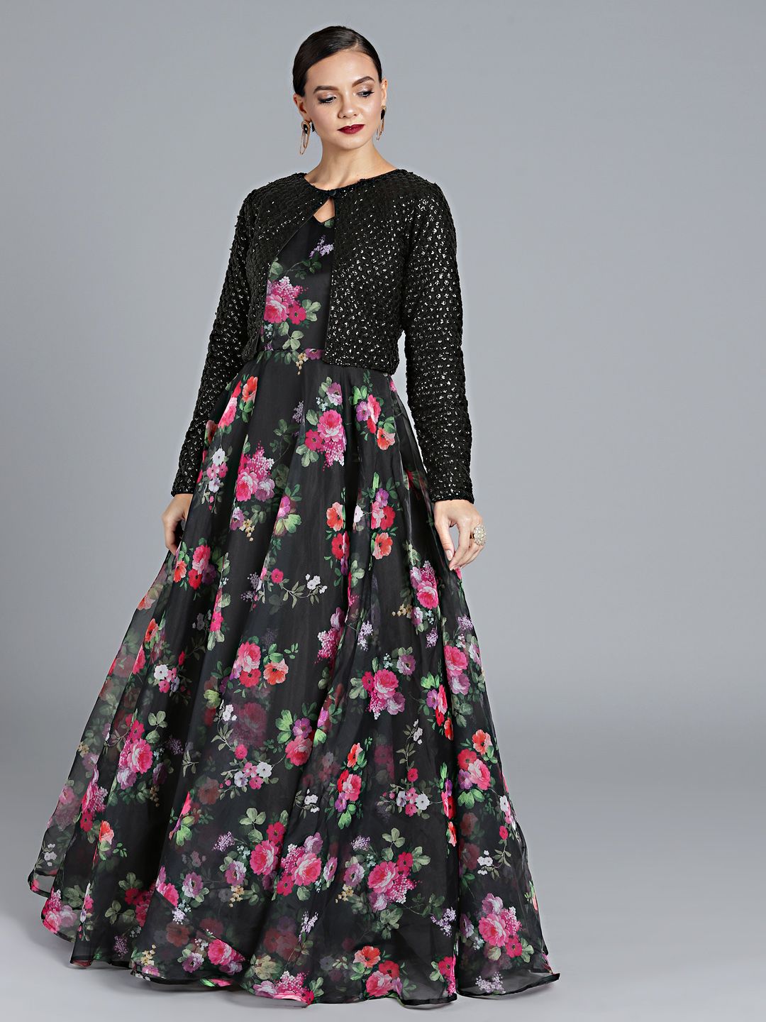 EthnoVogue Black Custom Made Printed Made to Measure Cocktail Gown with Jacket Price in India