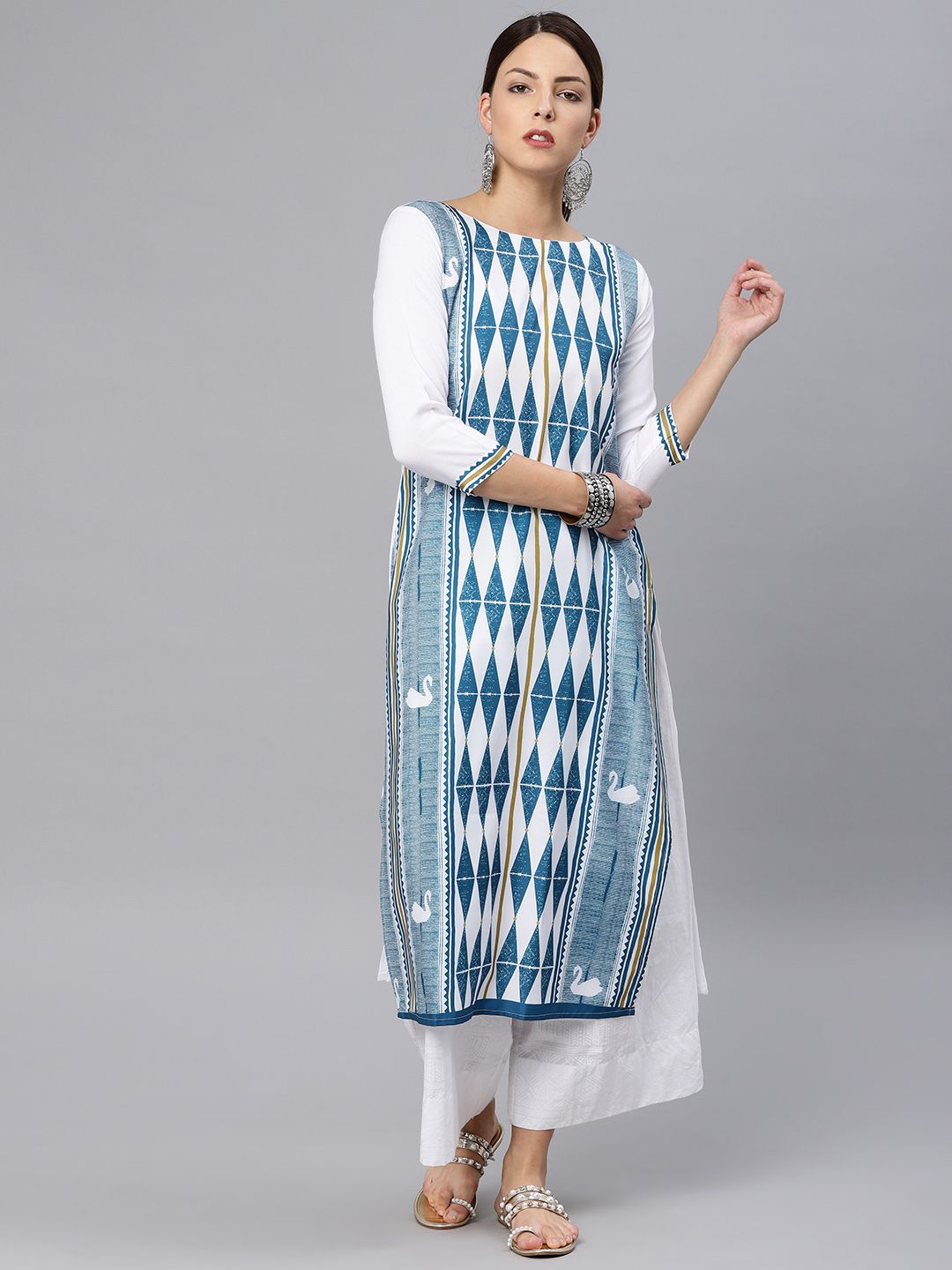 AHIKA Women White & Blue Printed Straight Kurta