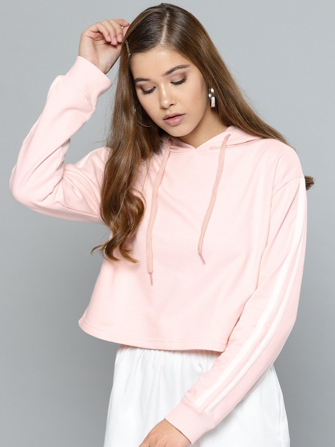 Harpa Women Peach-Coloured Solid Hooded Cropped Sweatshirt Price in India