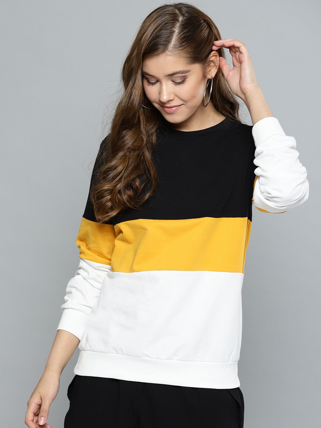 Harpa Women Black & Mustard Yellow Colourblocked Sweatshirt Price in India