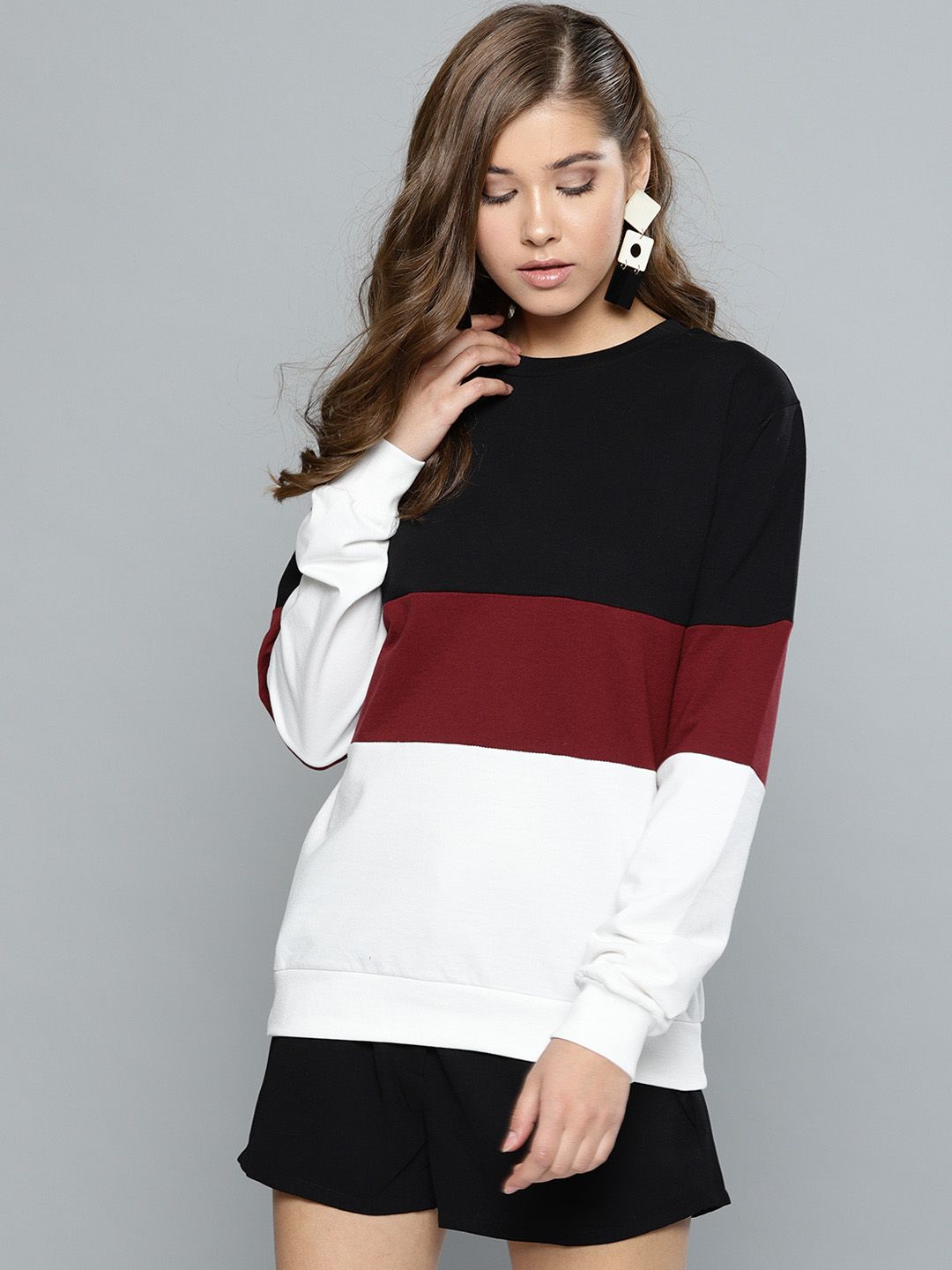 Harpa Women Black & Maroon Colourblocked Sweatshirt Price in India