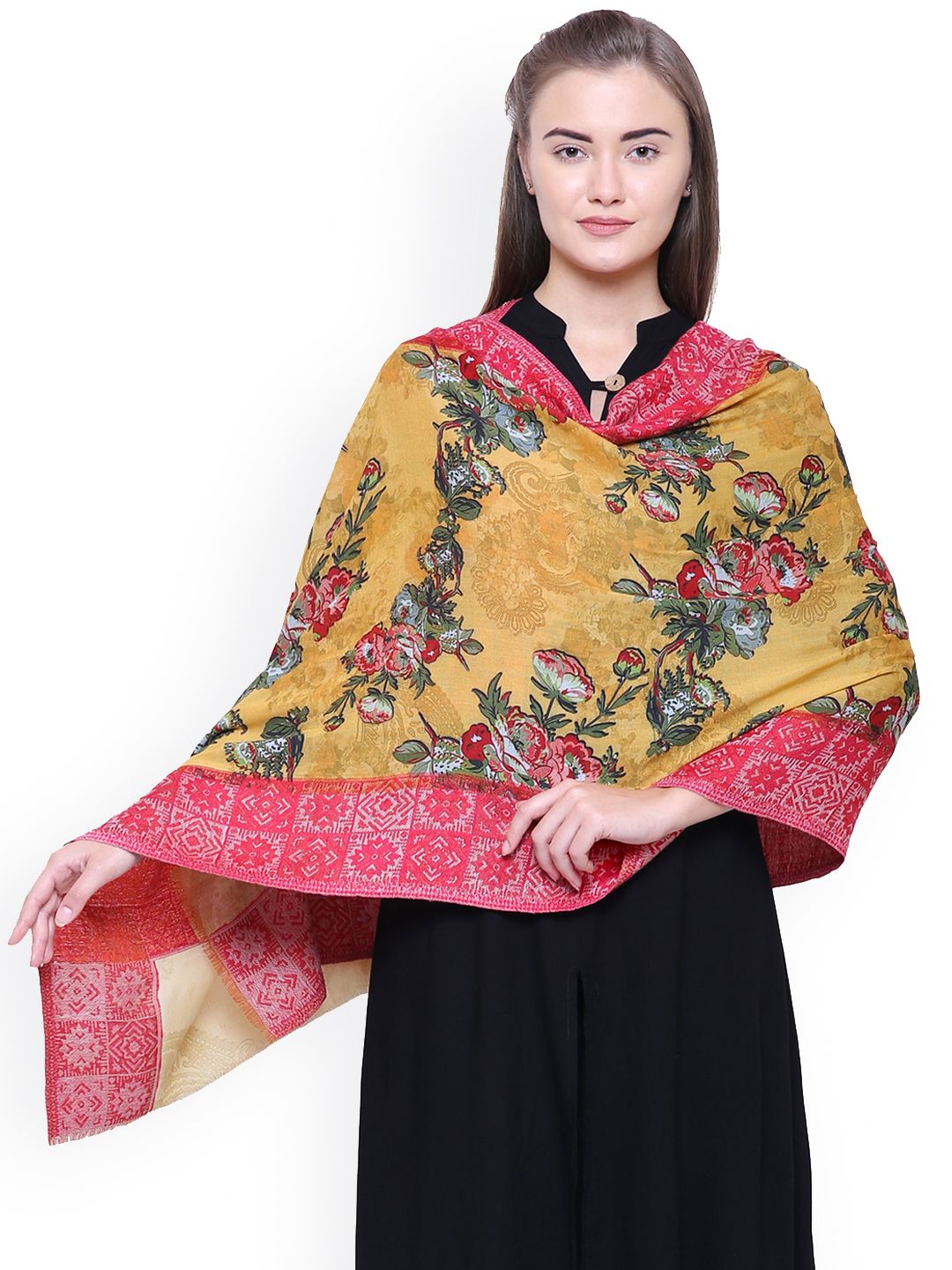 Anekaant Women Mustard Yellow Floral Print Shawl Price in India