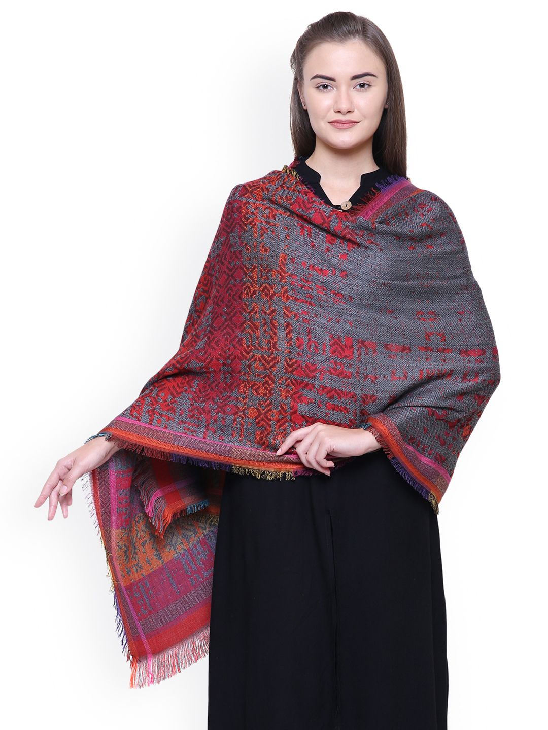 Anekaant Women Red & Grey Geometric Woven Design Shawl Price in India