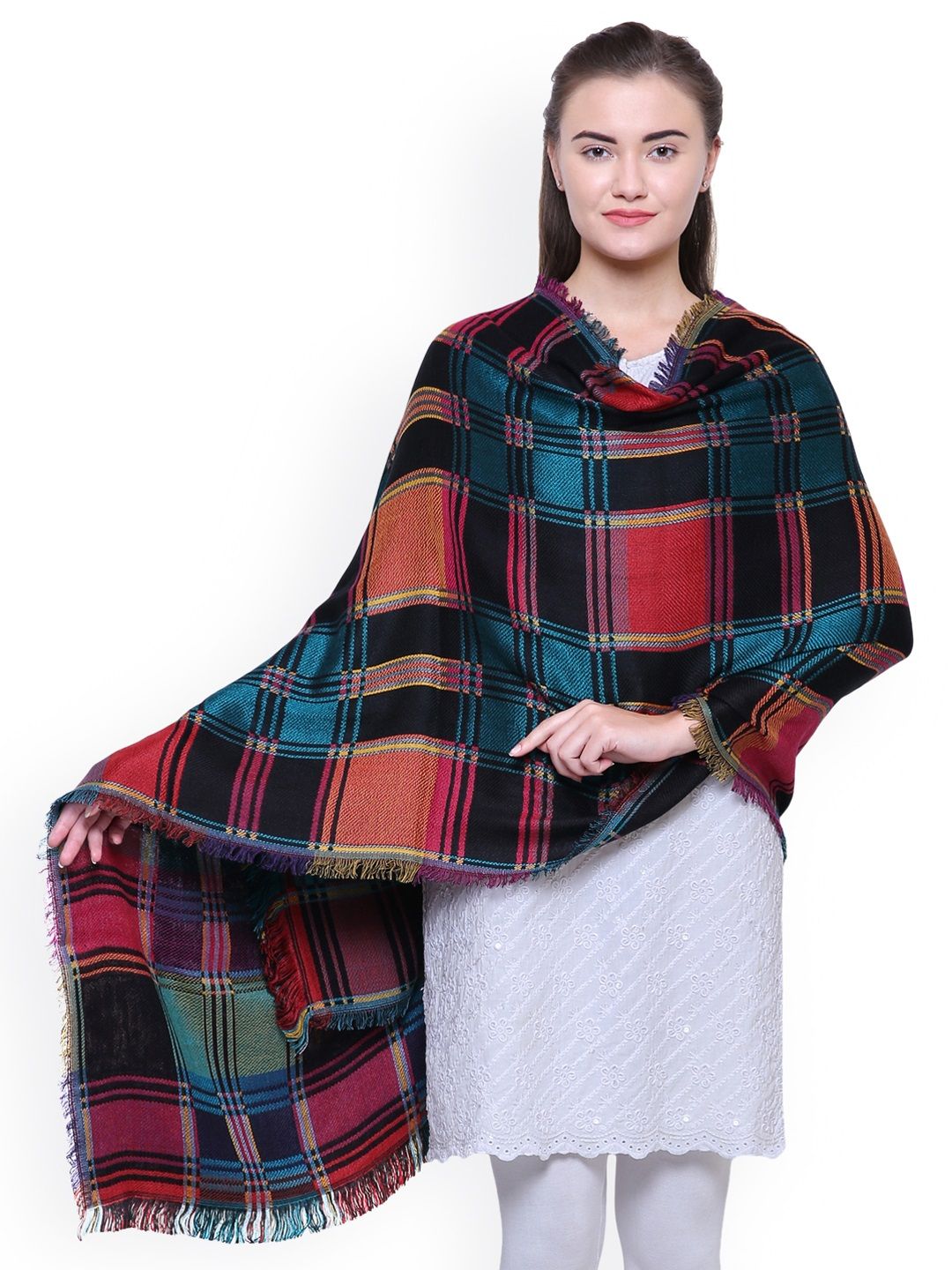Anekaant Women Multicoloured Checked Woven Design Shawl Price in India