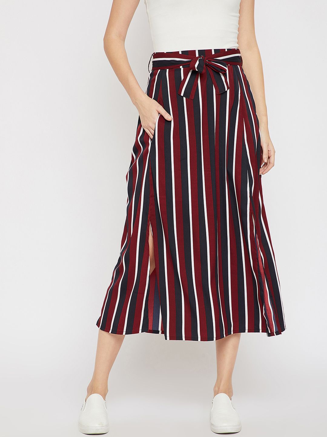 RARE Women Maroon & Navy Blue Striped A-Line Maxi Skirt