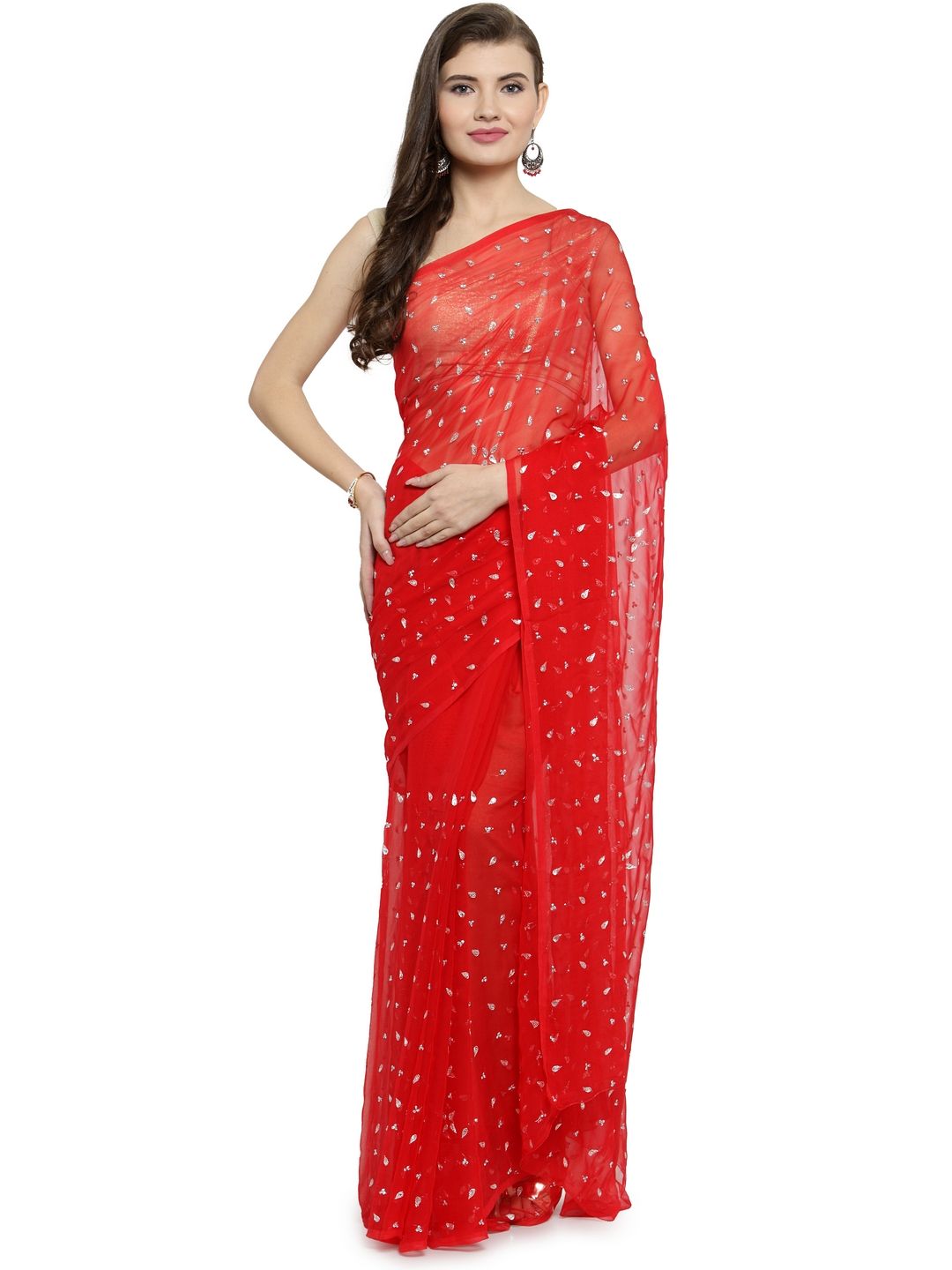 Geroo Jaipur Hand Embroidered Red Sequines Work Chiffon  Sustainable Saree Price in India