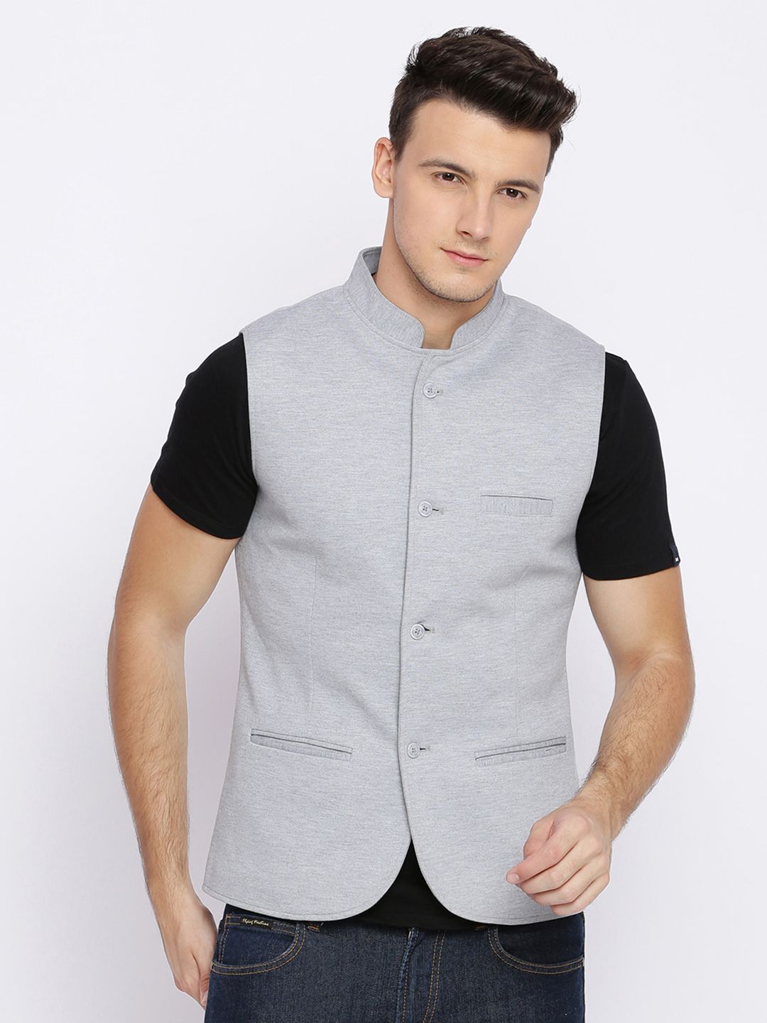 Basics Men Grey Solid Open Front Jacket
