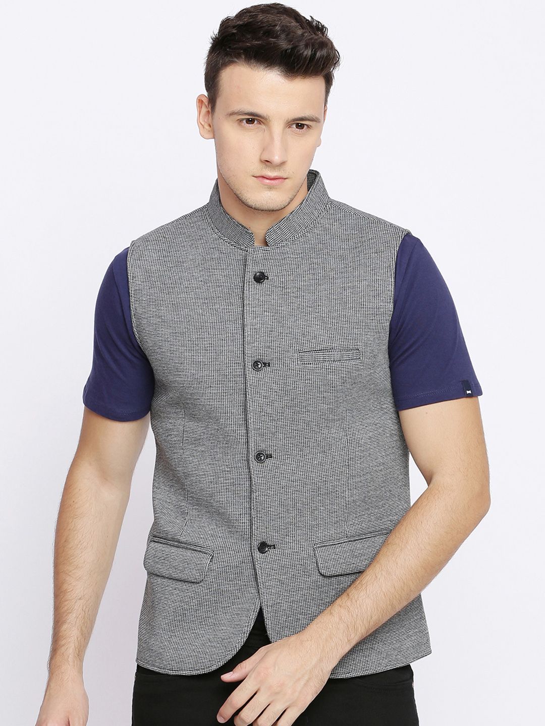Basics Men Grey Solid Open Front Jacket