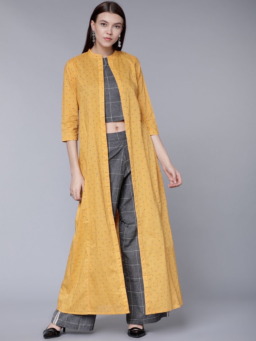Vishudh Women Grey & Mustard Checked Top with Palazzos Price in India