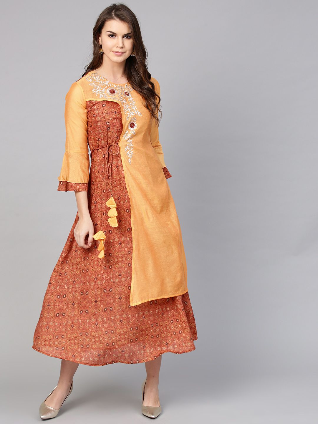 Yufta Women Orange & Brown Printed Layered A-Line Dress Price in India