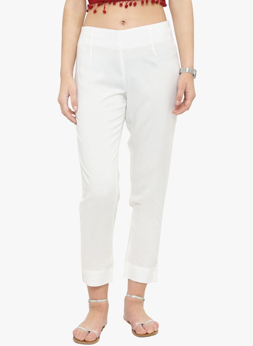 Varanga White Solid Straight Fit Regular Trouser