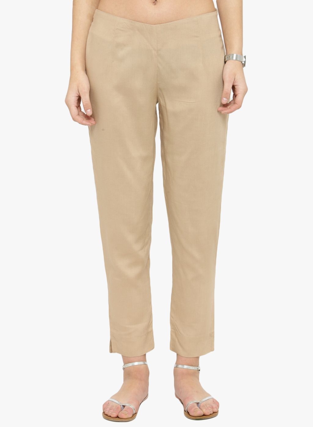 Varanga Beige Solid Straight Fit Regular Trouser
