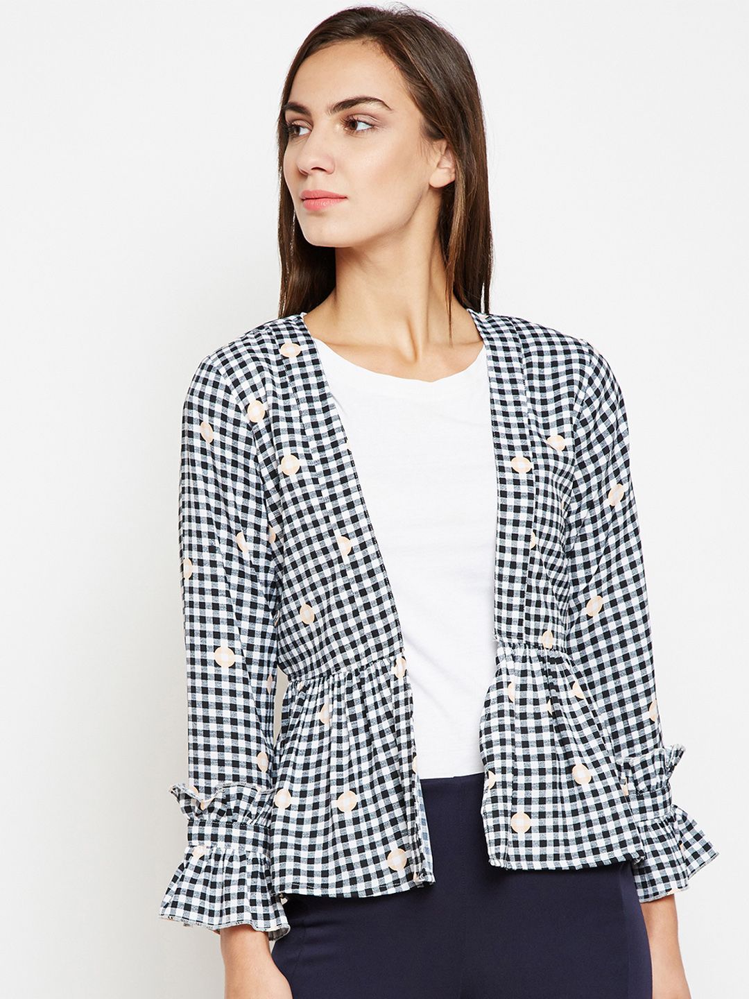 Nun Women Black & White Checked Open Front Jacket Price in India