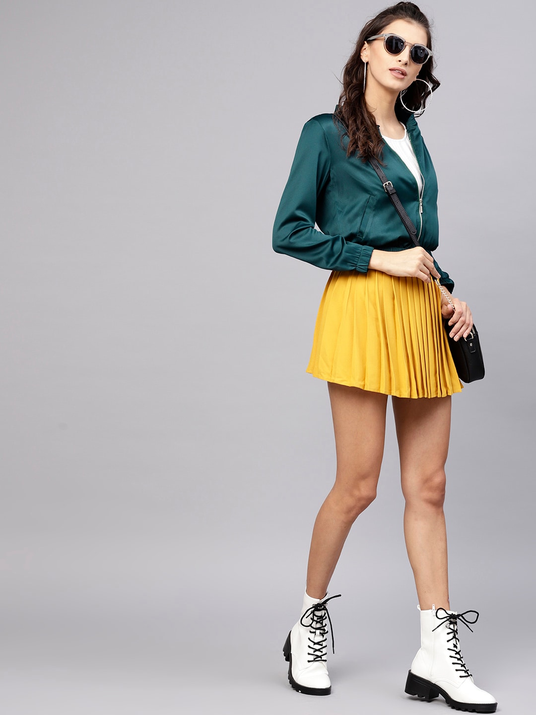 STREET 9 Women Teal Green Solid Satin Cropped Bomber Jacket Price in India