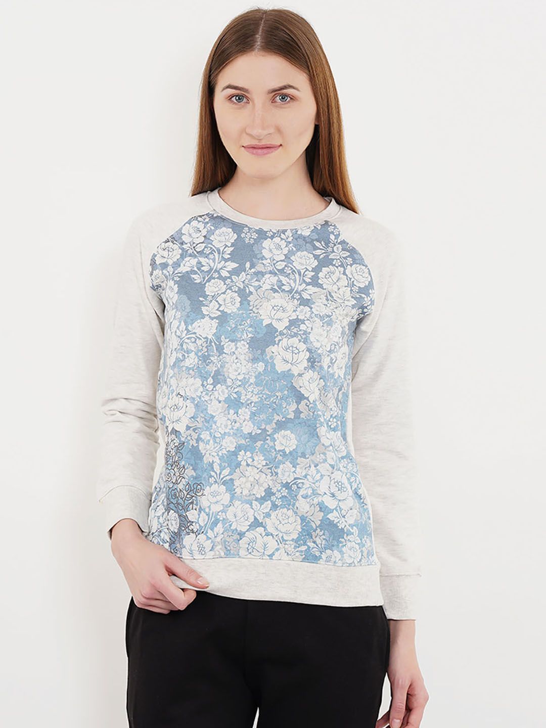 Sweet Dreams Women Grey Melange & Blue Printed Lounge Sweatshirt Price in India