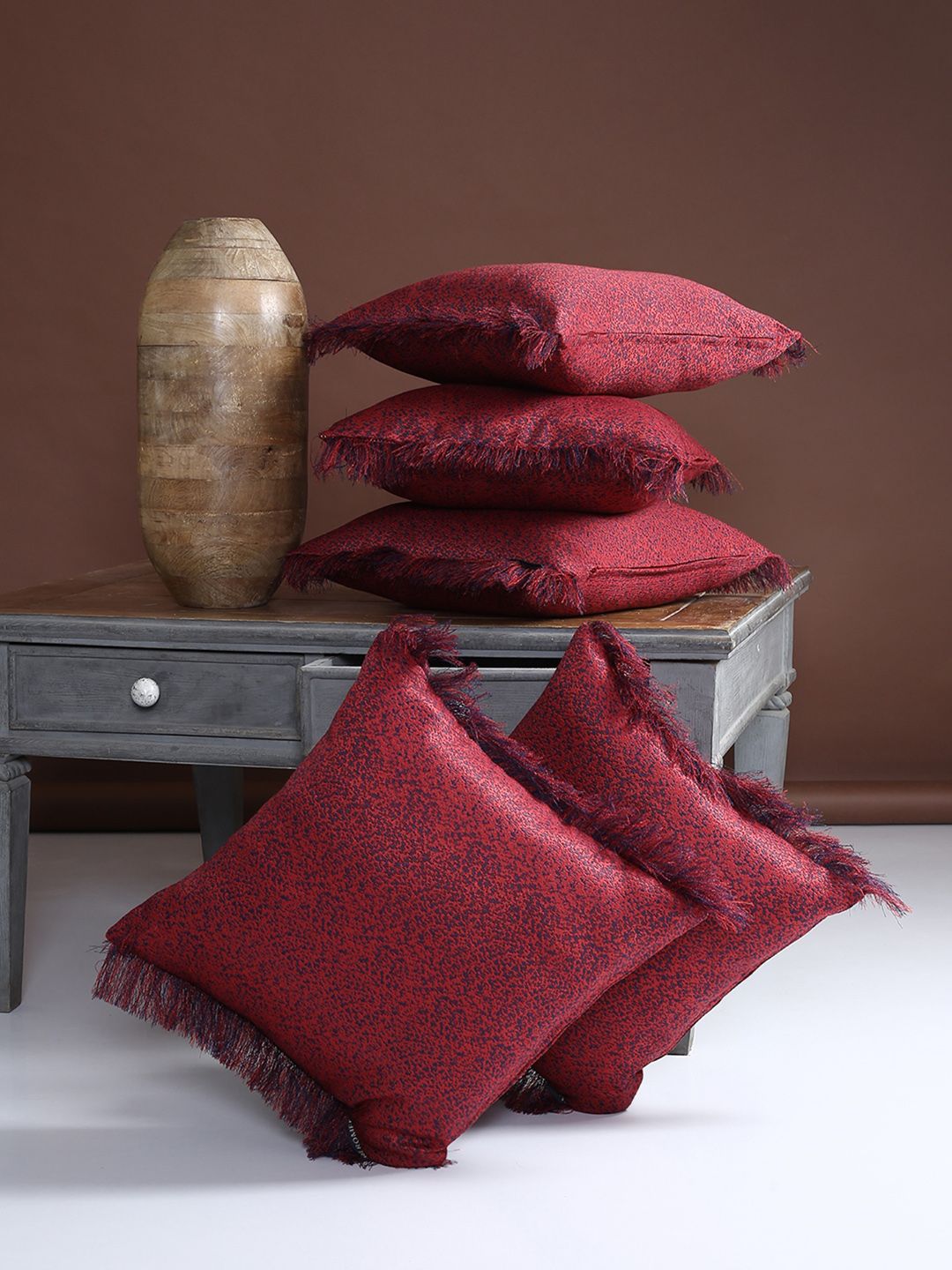 ROMEE Maroon Abstract Square Set of 5 Cushion Covers Price in India