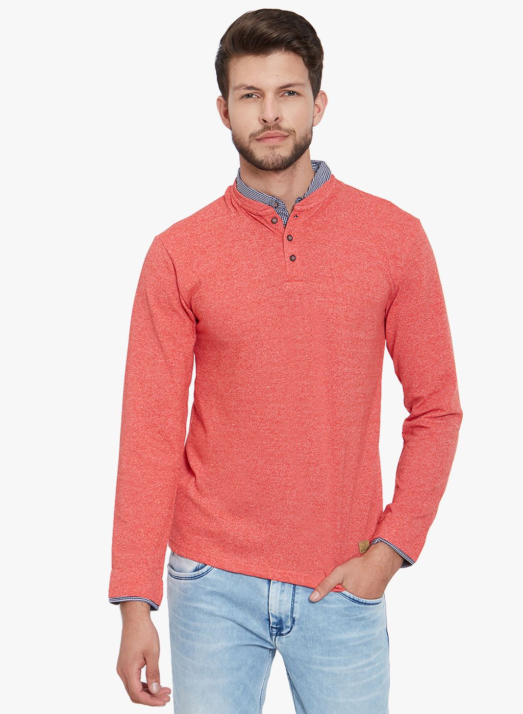 Easies Orange Self Design Mandarin Collar T-Shirt