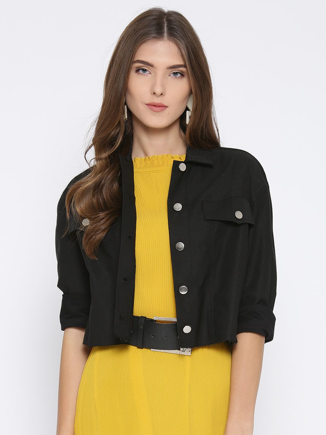 Athena Women Black Solid Cropped Denim Jacket Price in India