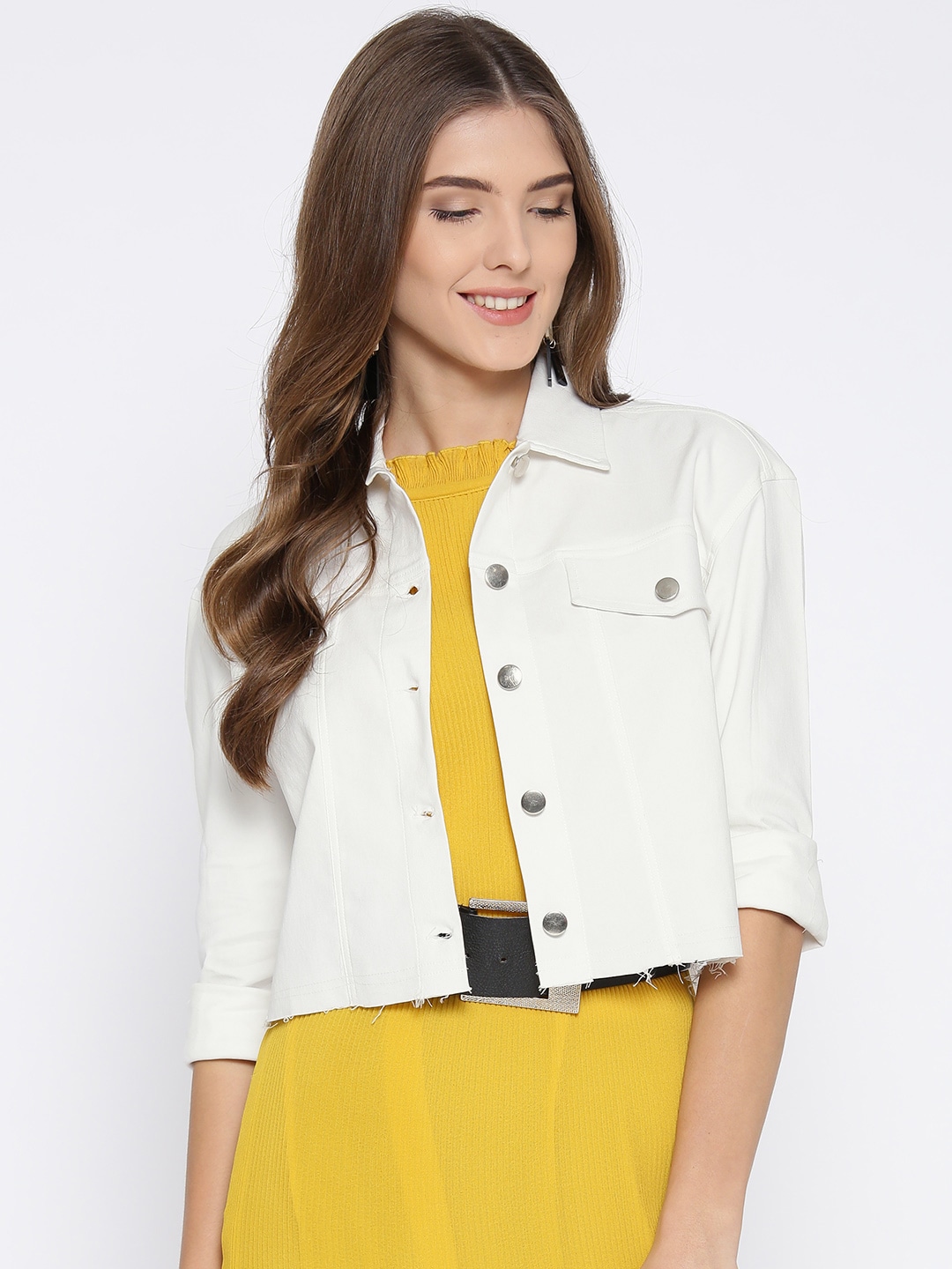 Athena Women White Solid Cropped Denim Jacket Price in India