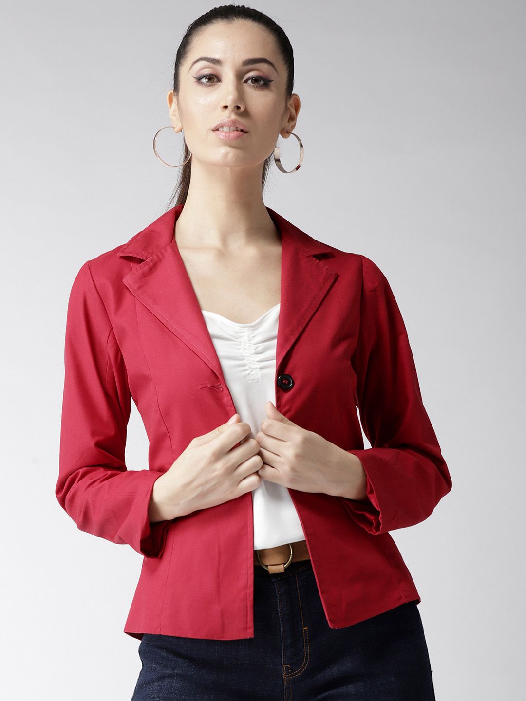 Popnetic Women Red Solid Single-Breasted Casual Pure Cotton Blazer Price in India
