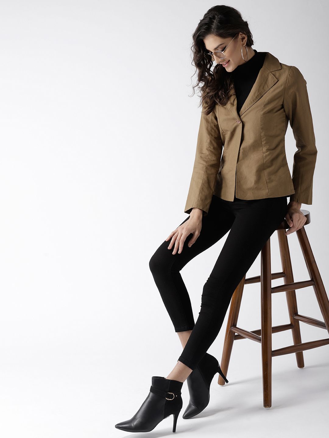 Popnetic Women Olive Brown Solid Casual Blazer Price in India