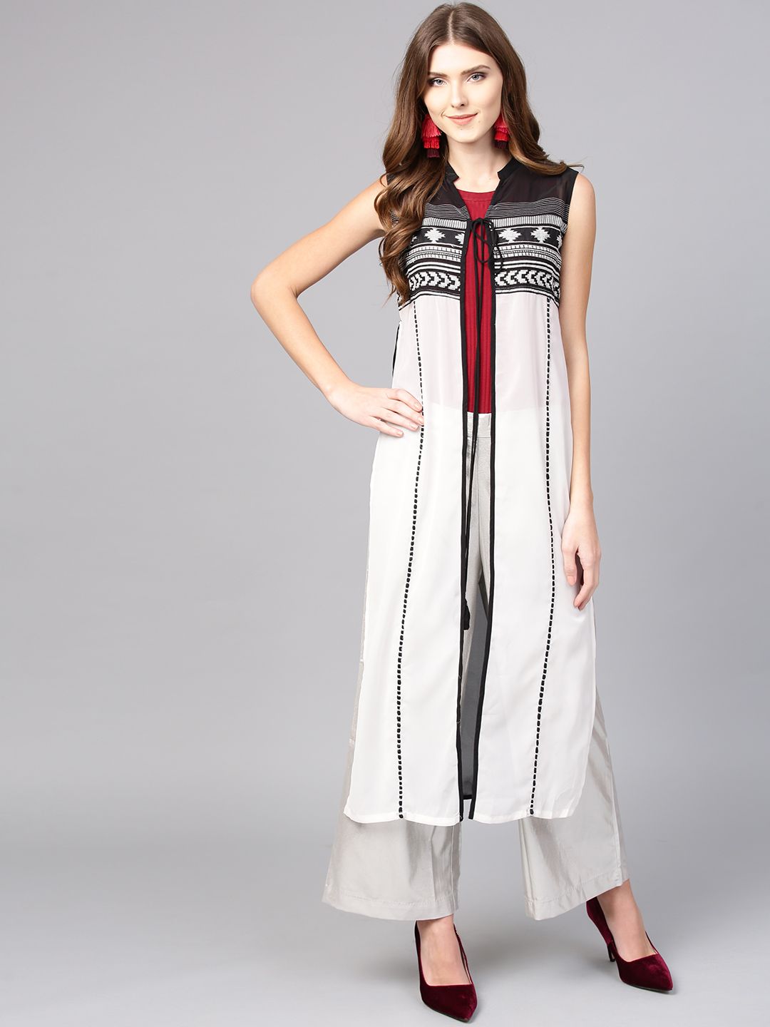 W Women White Solid Semi Sheer Sleeveless Longline Ethnic Jacket with Printed Detail Price in India