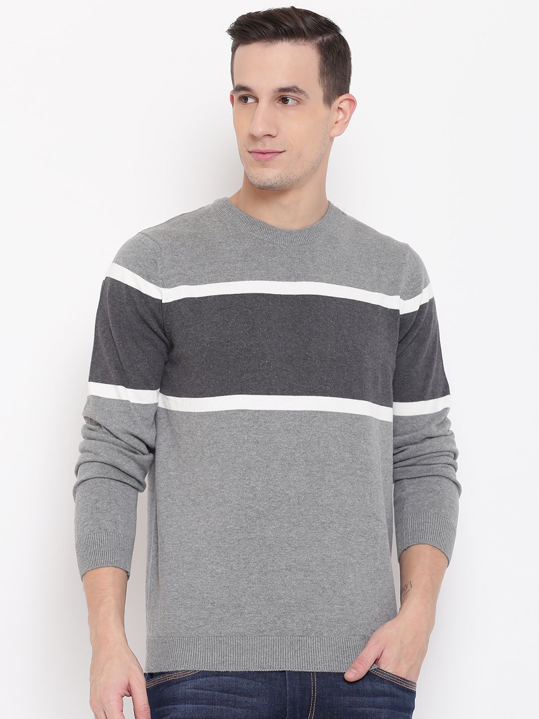 Celio Men Grey Colourblocked Pullover