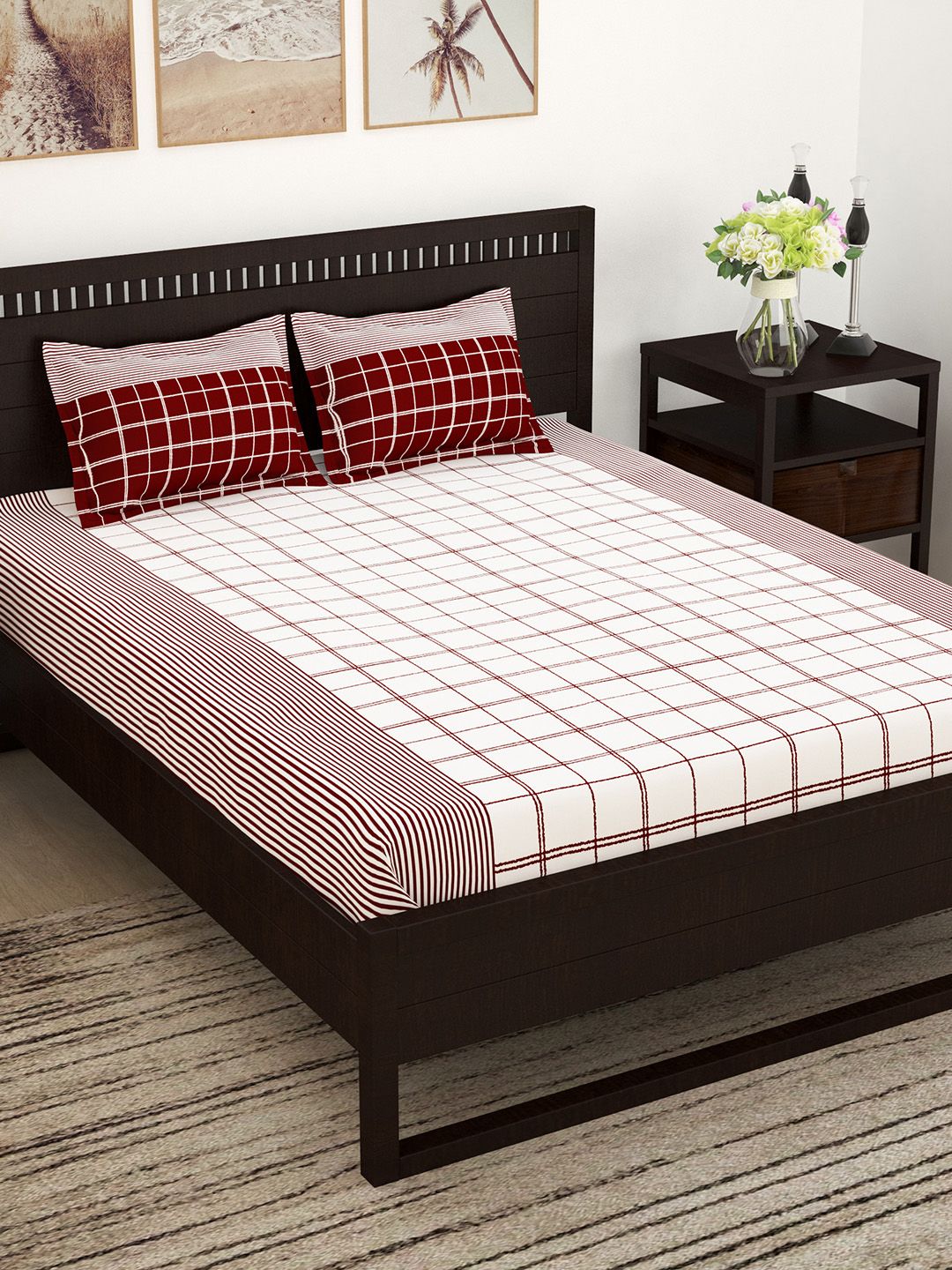 Story@home Red & White Geometric Flat 160 TC Cotton 1 Queen Bedsheet with 2 Pillow Covers Price in India