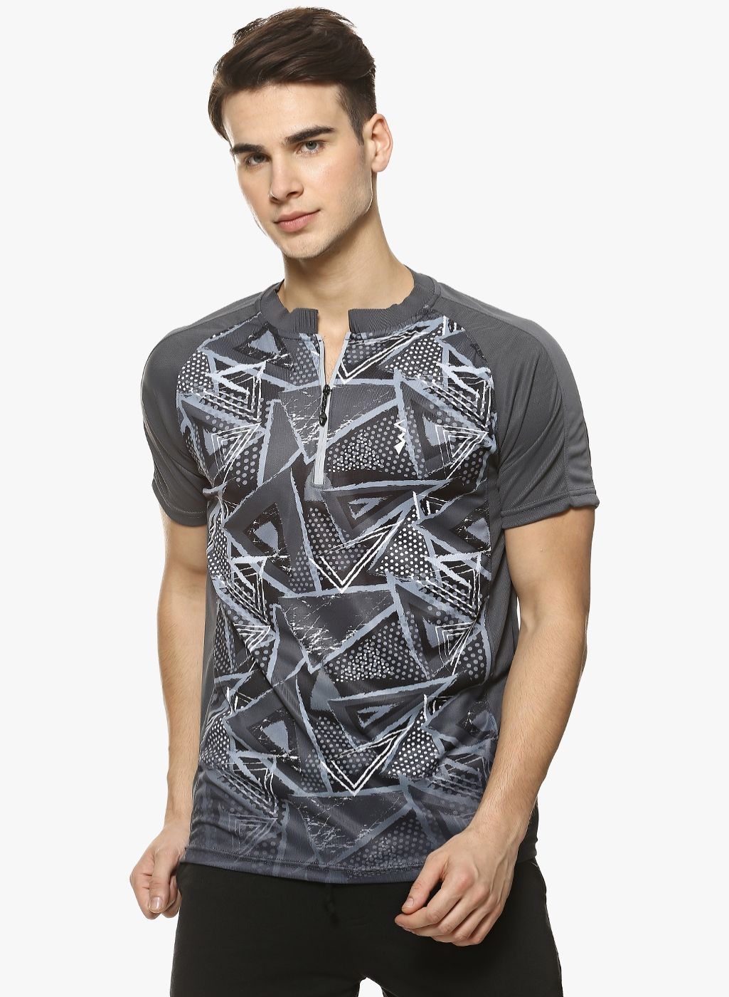 Campus Sutra Charcoal Printed Mandarin Collar T-Shirt