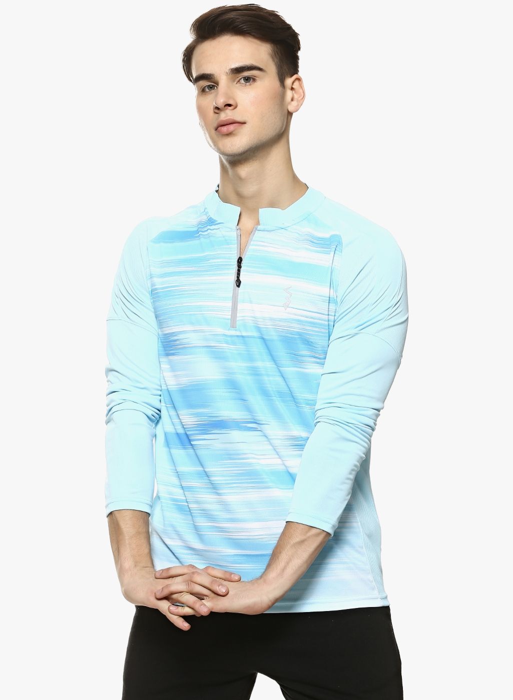 Campus Sutra Blue Self Design Mandarin Collar T-Shirt