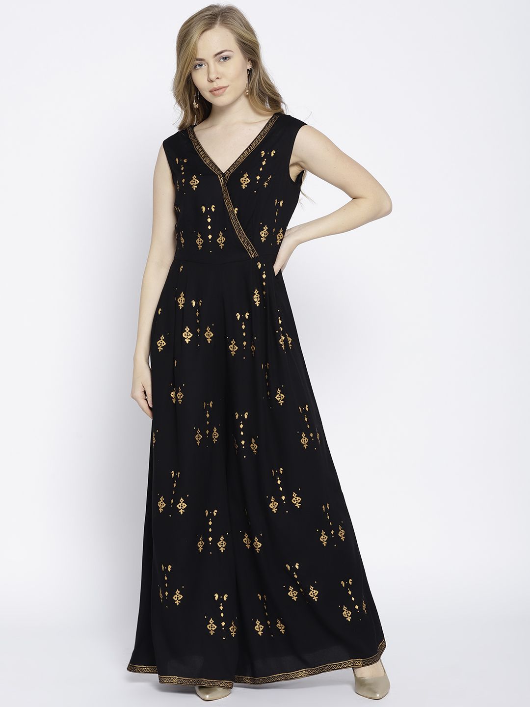 MABISH by Sonal Jain Black & Golden Block Print Basic Jumpsuit Price in India