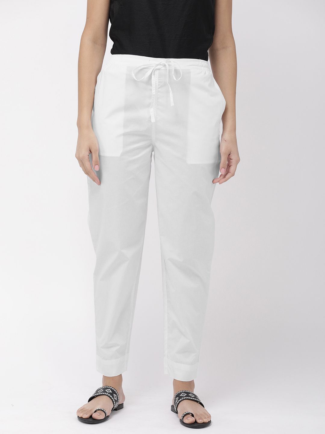 Go Colors Women White Regular Fit Solid Cropped Cotton Trousers Price in India