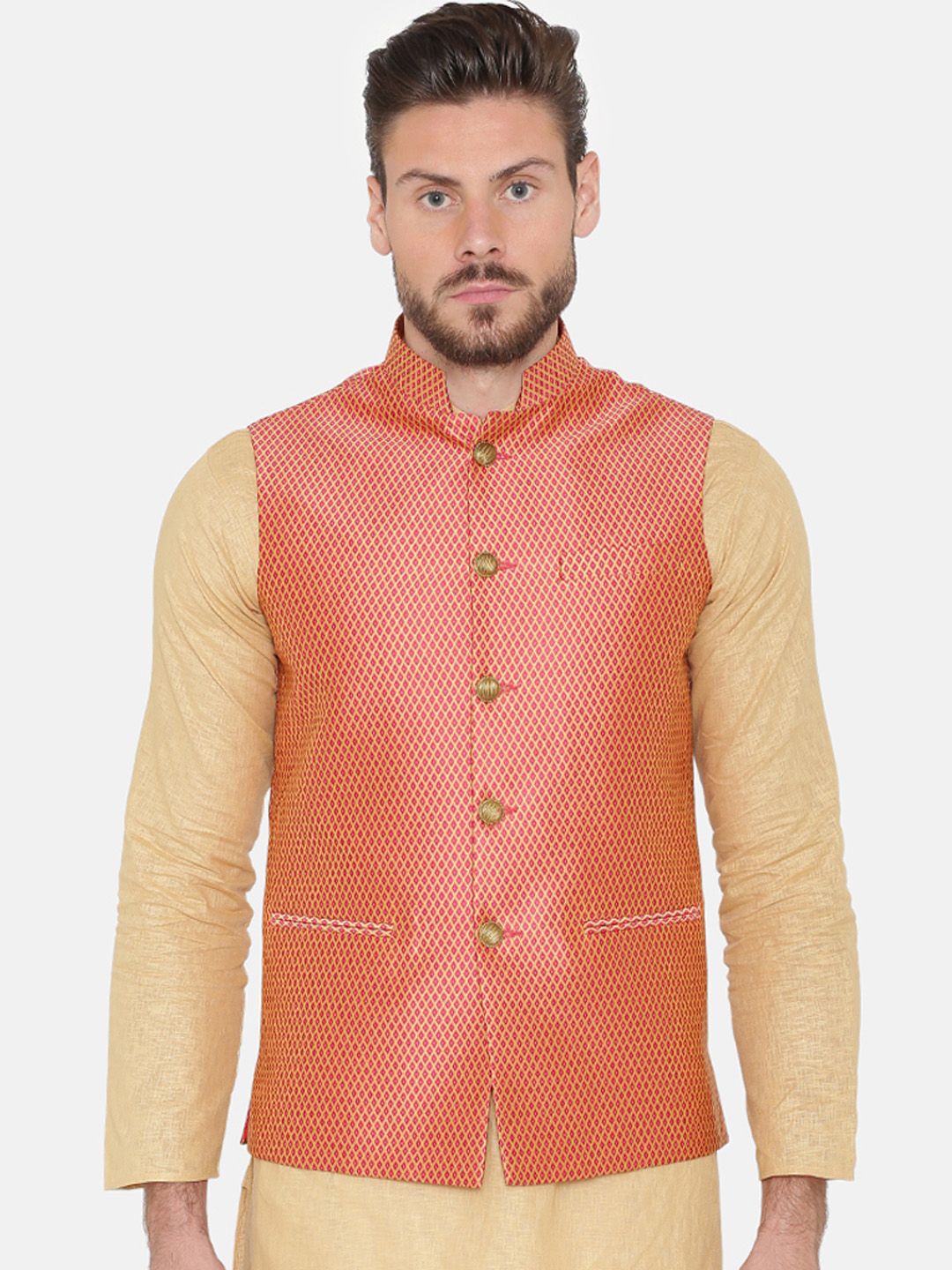 Wintage Men Red Printed Nehru Jacket