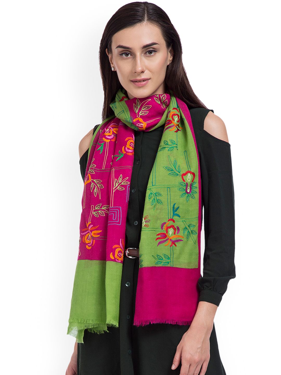 SHINGORA Women Green & Pink Embroidered Woollen Stole Price in India