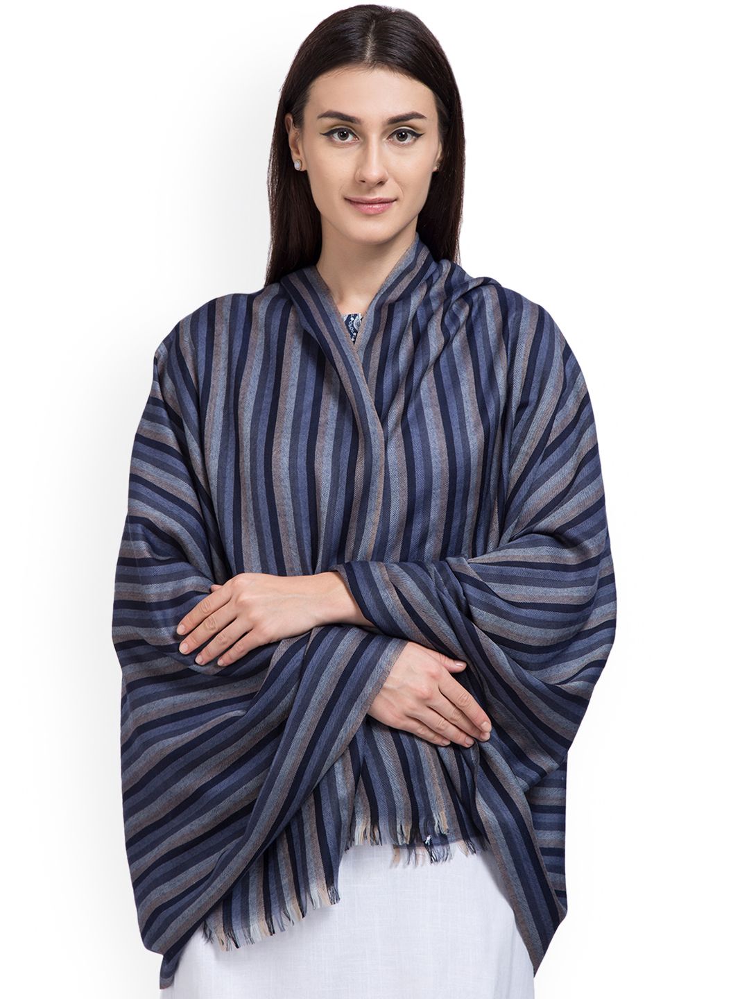 SHINGORA Women Blue & Grey Striped Woollen Shawl Price in India