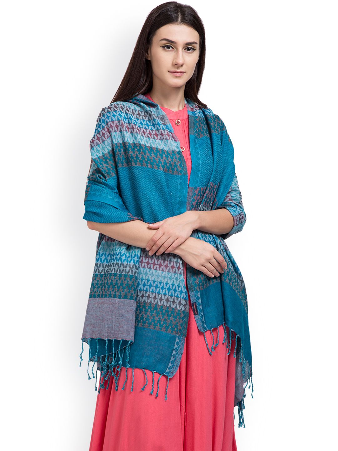 SHINGORA Women Blue Woven Design Woollen Shawl Price in India