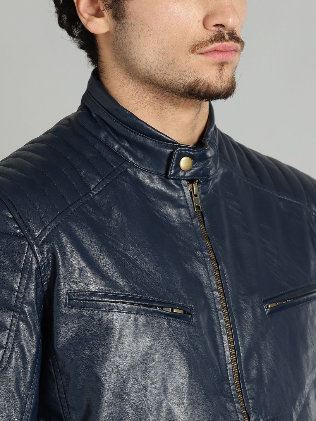 Buy Roadster Men Navy Blue Solid Biker Jacket - Jackets for Men