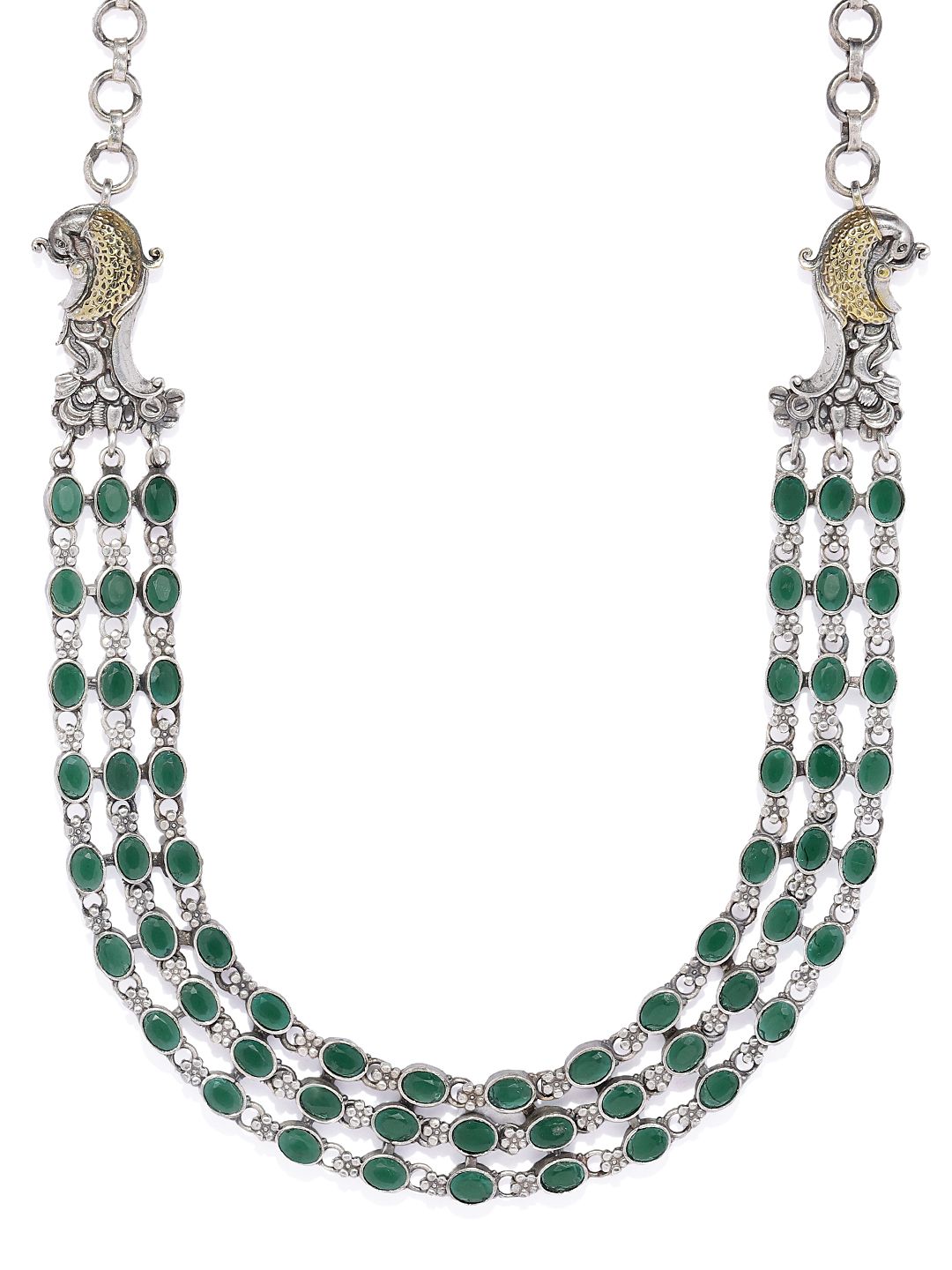 AccessHer Silver-Toned & Green Brass Silver-Plated Oxidised Necklace Price in India