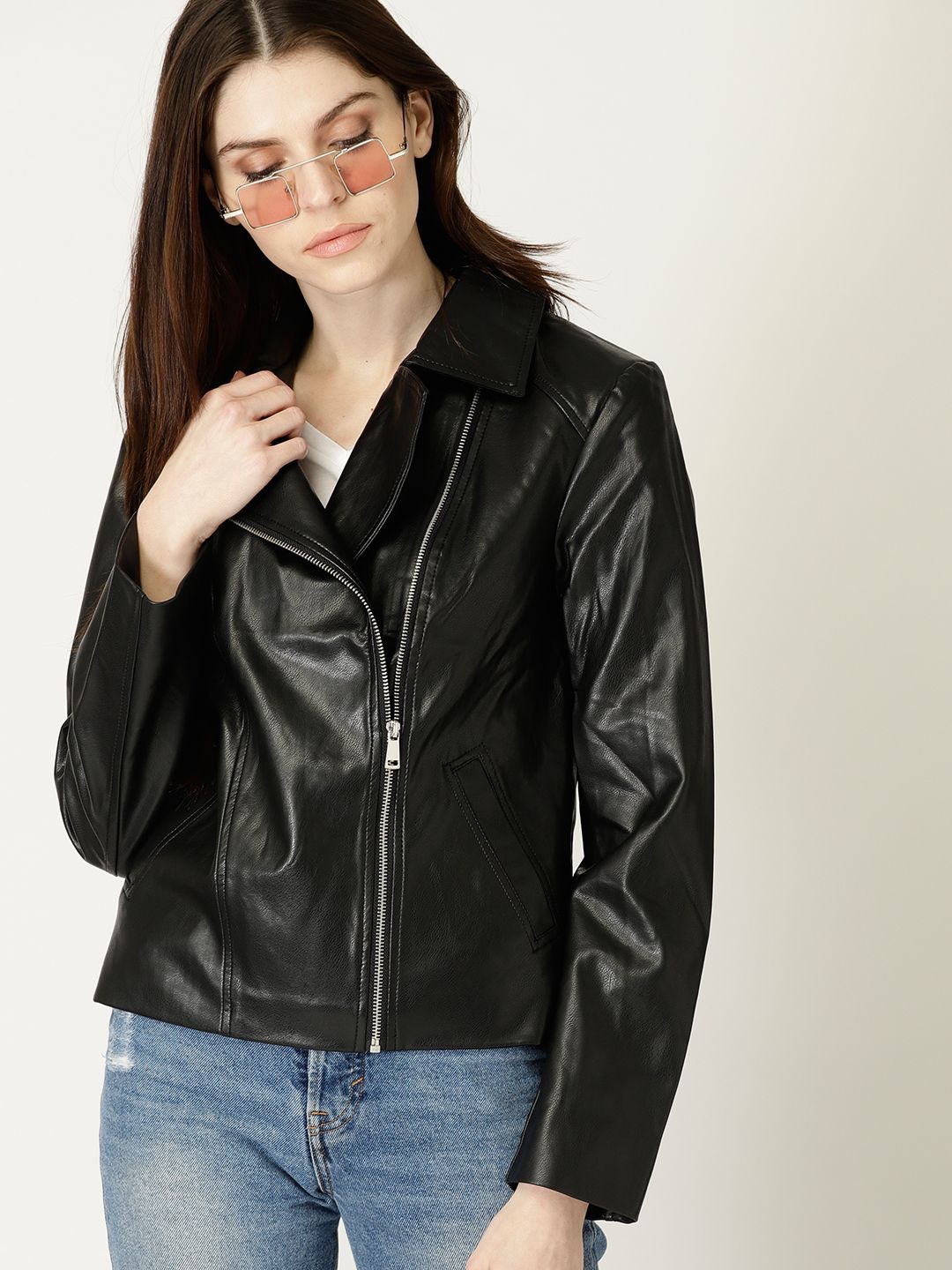 United Colors Of Benetton Women Black Solid Asymmetric Closure Biker Jacket