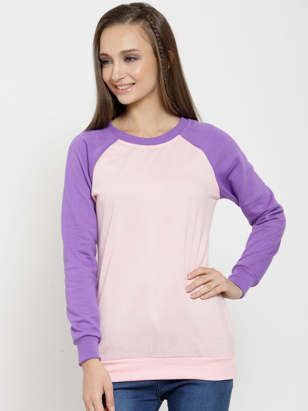 Belle Fille Women Pink & Purple Solid Sweatshirt Price in India