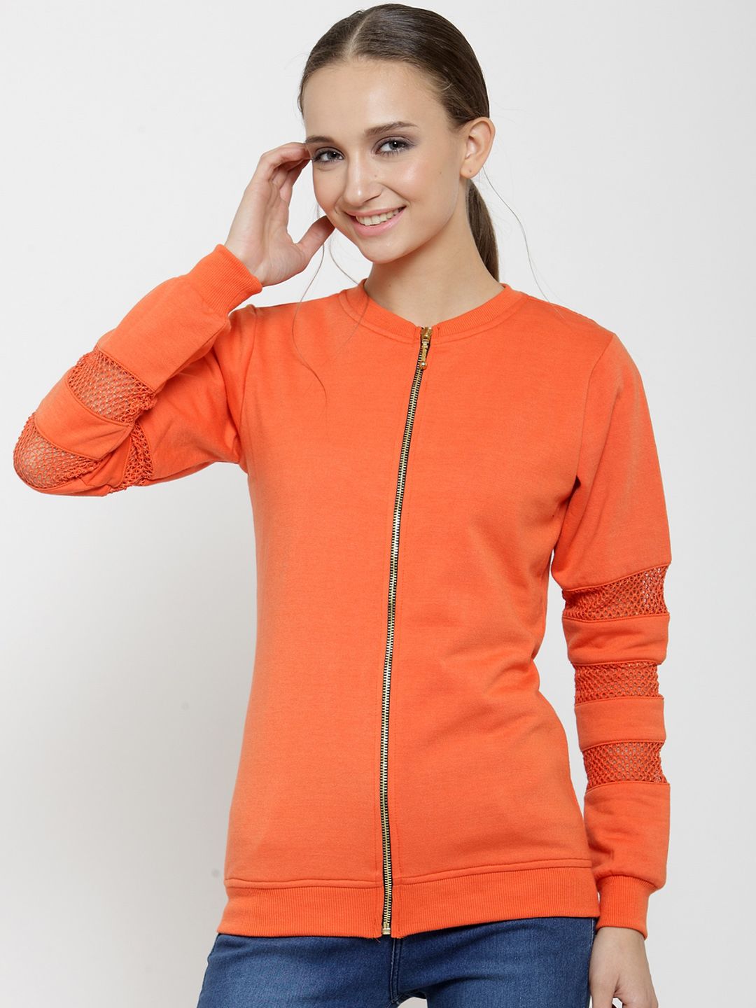 Belle Fille Women Orange Solid Sweatshirt Price in India