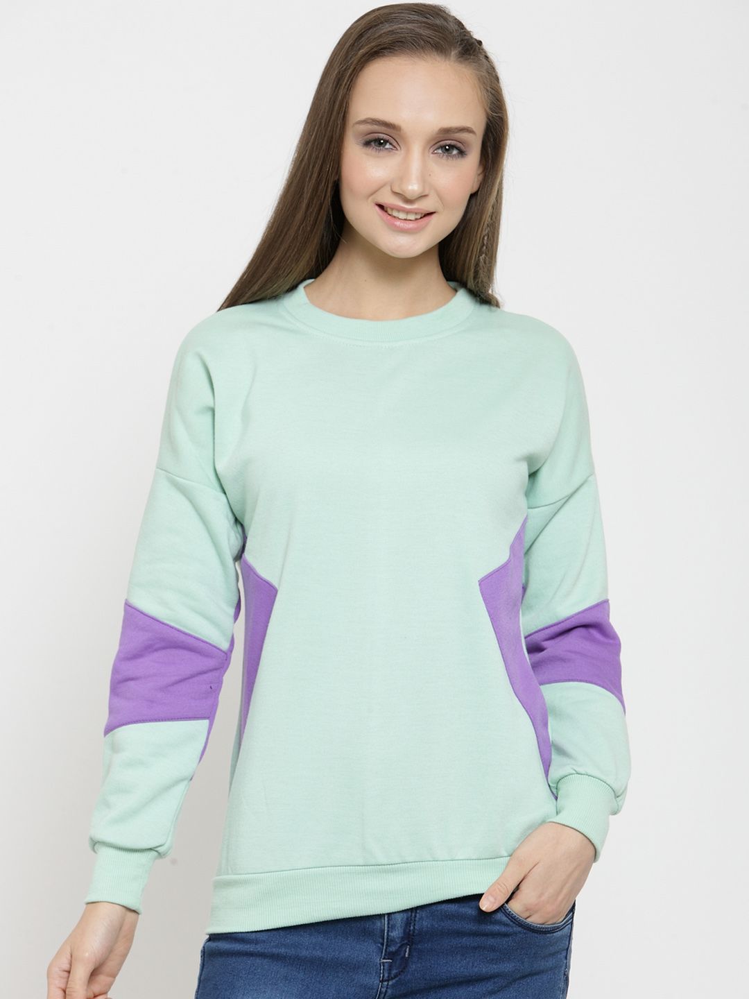Belle Fille Women Sea Green & Purple Colourblocked Sweatshirt Price in India
