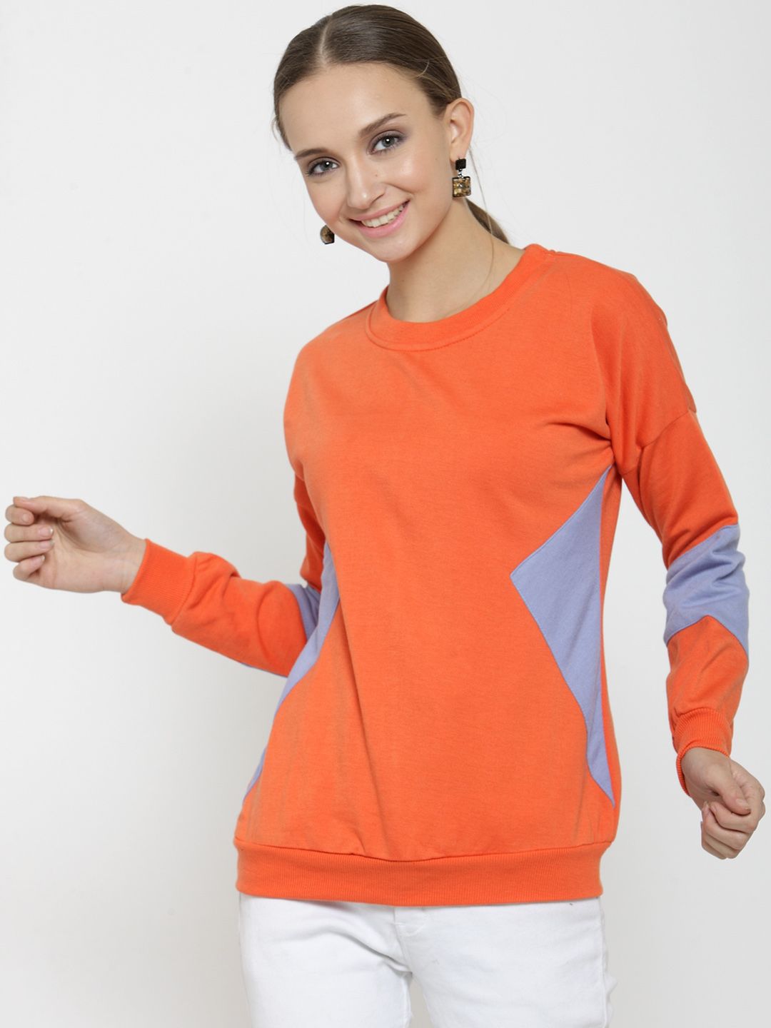 Belle Fille Women Orange & Blue Colourblocked Sweatshirt Price in India