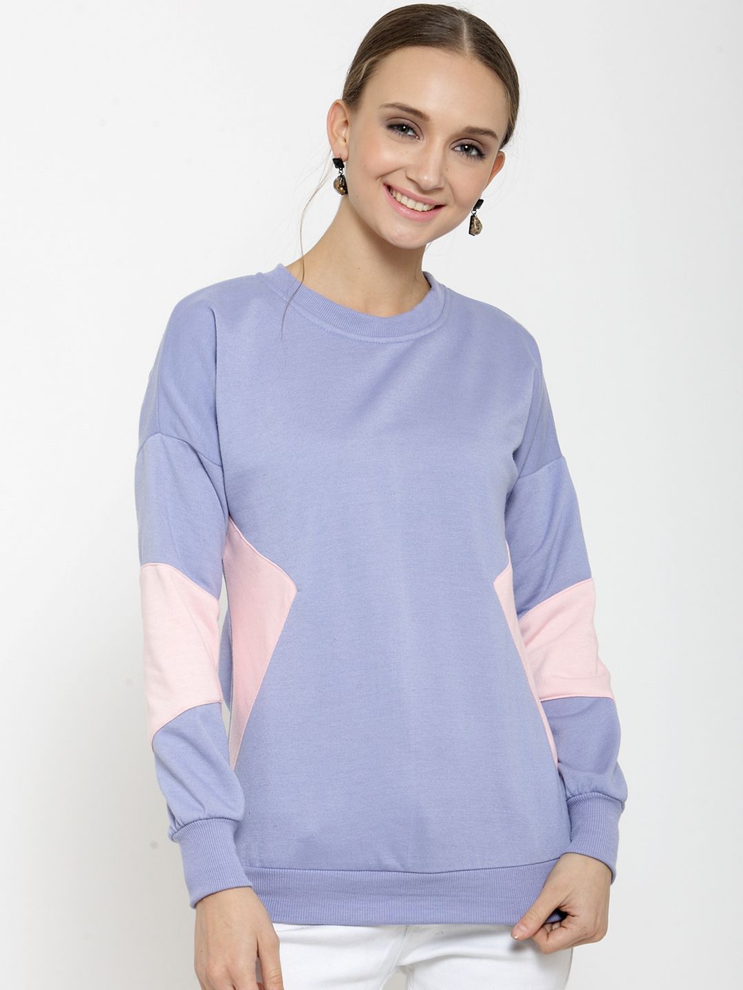 Belle Fille Women Blue & Pink Colourblocked Sweatshirt Price in India