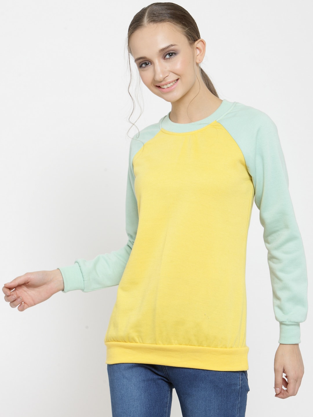 Belle Fille Women Yellow & Sea Green Colourblocked Sweatshirt Price in India